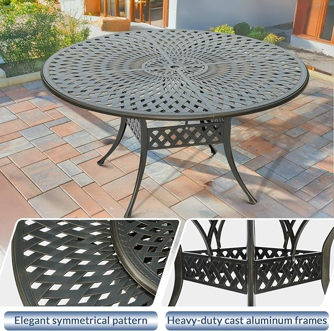 61" Large Outdoor Dining Table with 2" Umbrella Hole, Cast Aluminum Outdoor Patio Dining Table for 8 Person, All Weather Large Round Patio Table for Garden Lawn Backyard, Dark Bronze