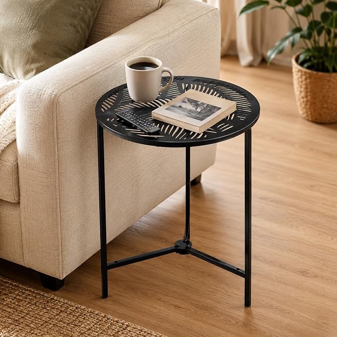 Extra-large Metal Side Table 17.7 Inches Heavy-duty Outdoor Patio Garden End Table Round Accent Corner Stand for Small Space Weather-resistant Coffee Table for Balcony Porch Plant Stand, Tropical Leaf