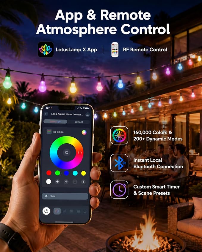 27FT RGBW Outdoor String Lights Shatterproof Dimmable Patio | IP65 Waterproof, 200+ Dynamic Modes, Music Sync, App & Remote Control, Zip Ties Included, -4°F to 158°F Weatherproof