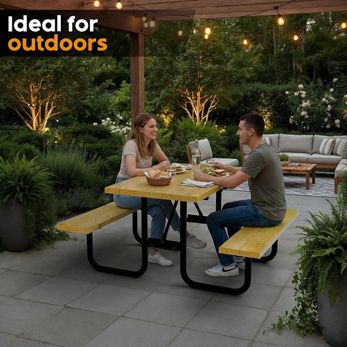 Commercial Wood Picnic Table with Metal Frame & 1.38" Thick Pine (Radiata Pine, 4' Rectangular)