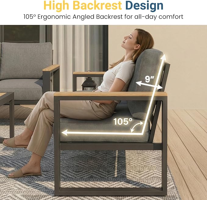 Aluminum Outdoor Patio Furniture Set with Height-adjustable Footrest for Lawn Porches Patio, 7-Seats All-weather Patio Sofa Sets with Coffee Table, Modern Outdoor Patio Conversation set, Grey
