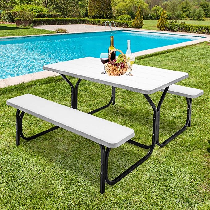 ORALNER Picnic Table, Resin Dining Table & 2 Benches Set, Weather Resistant Wood Grain Plastic Tabletop & Steel Frame, Picnic Tables for Outdoors, Porch Yard Patio Lawn Party Camping (White)