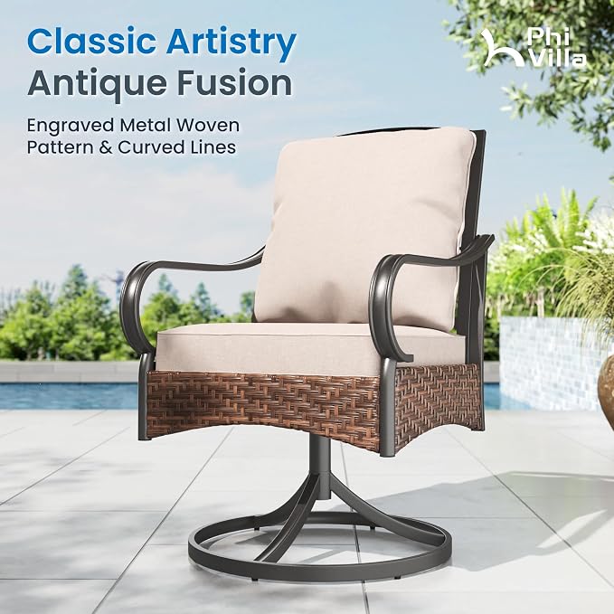 PHI VILLA Swivel Patio Dining Chairs Wicker Chairs Set of 6 with Cushions | Heavy Duty Outdoor Metal Wicker Dining Chair with Padded Cushions, Large All Weather Wrought Iron Patio Chair for Balcony