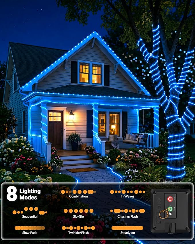 btfarm Solar Rope Lights, 120LED 46FT Solar String Lights Outdoor Waterproof, 8 Lighting Modes Solar Powered Strip Trampoline Light for Outside Garden Tree Christmas Yard Patio Decor, Blue