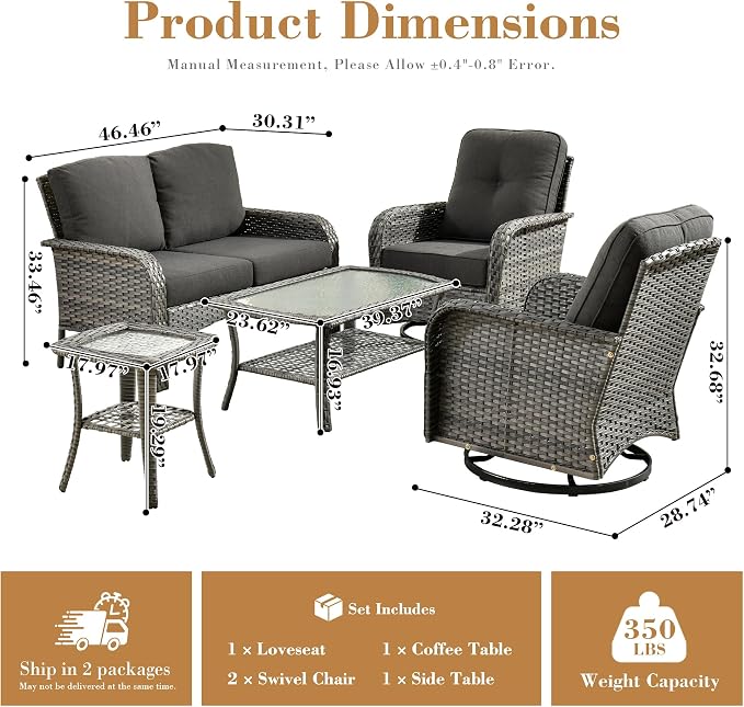 5 Pieces Patio Furniture Set, All Weather Rattan Patio Conversation Sets with Swivel Rocking Chairs, Coffee Table, High Back Outdoor Furniture Loveseat for Porch, Backyard, Black