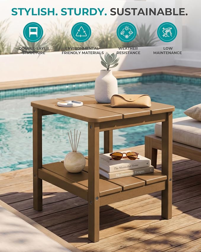 SERWALL Double Layer Adirondack Side Table with Umbrella Hole, HIPS Outdoor Side Table Rectangular End Tables for Patio, Poolside, Garden, Brown