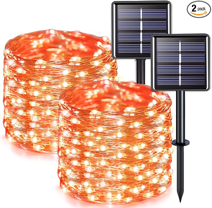 JMEXSUSS 2 Pack Solar Halloween Lights, 33FT 100 LED Orange Fairy Lights | Outdoor Waterproof, 8 Modes Solar String Lights for Outside Tree Party Patio Garden Christmas Halloween Decorations