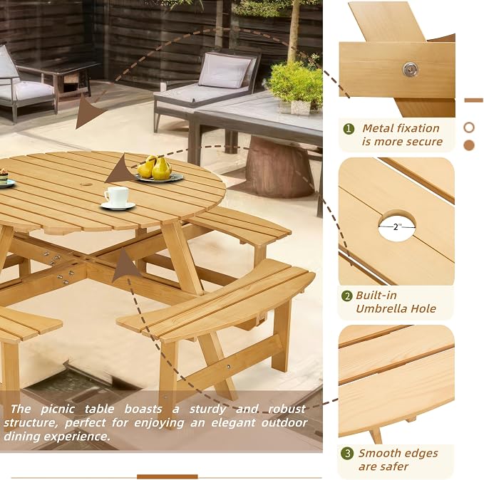 8-Person Outdoor Picnic Round Table with Built-in Benches | All-Weather Wooden Patio Furniture for Gardens, Backyards and Porches | Includes 2" Umbrella Hole (Natural, 70.08"*70.08"*27.17")