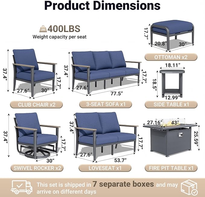 Aluminum Outdoor Patio Furniture Set, 10-Piece Sectional Sofa with 5.1" Thick Cushions, Swivel Rocking Chairs, 55,000 BTU Fire Pit Table, Outdoor Couch for Backyard, Deck, Navy Blue