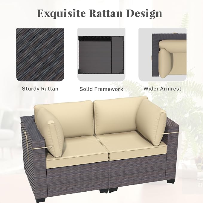 Patio Furniture Set 9 Pieces Outdoor Sectional Sofa Set,All Weather Wicker Patio Sofa PE Rattan Patio Conversation Set w/Cushions and Glass Coffee Table,Sand