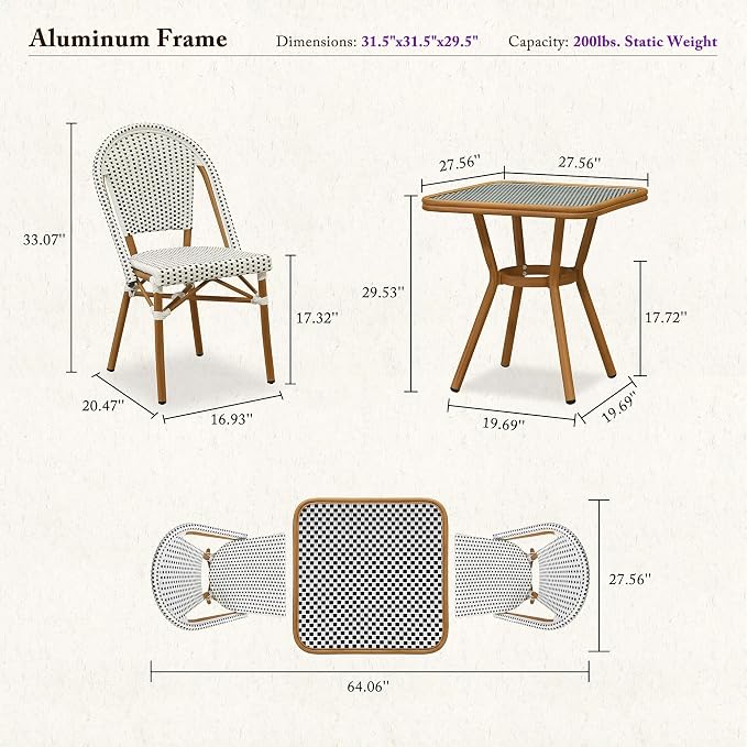 PURPLE LEAF 3-Piece French Bistro Dining Set Square Outdoor Patio Table and 2 Armless Chairs Tempered Glass Top PE Rattan Bamboo Print Finish Aluminum Frame White