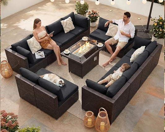 NICESOUL 13 Piece Patio Furniture w/Fireplace, Elegant Outdoor Seating w/Firepit, XL 29.3'' High Back Sectional Sofa, All-Weather Rattan Deck Couch, Modular Sturdy Conversation Set, Brown & Black