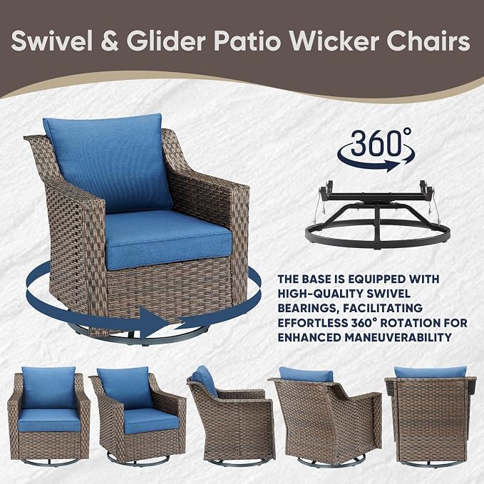 Outdoor Patio Furniture Set-All-Weather Rattan Wicker Couch with Outdoor Swivel Chair Patio Conversation Sets for Porch Garden Backyard Poolside-Brown/Blue