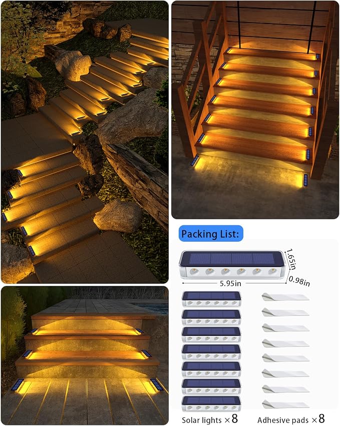 DetarZinLED Solar Step Lights for Outside,8 Pack Solar Stair Lights Outdoor Waterproof,Warm White Deck Light Solar Powered Waterproof for Steps,Stairs,Walkway,Sidewalk,Patio,Pathway
