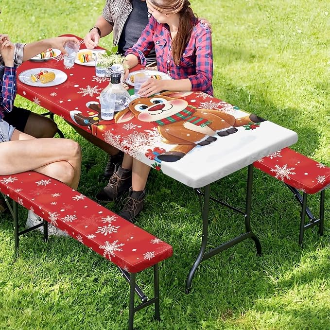 Christmas Reindeer Picnic Table Cover with Bench Covers Elastic Picnic Table Covers Outdoor Table and Chairs Decorative Sets Camping Essentials Suitable for Summer Outdoor Camping