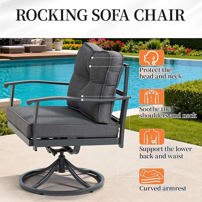 Outdoor Patio Furniture Set, 2 PCS Rocking Armchairs with High Back Deep Seat, Weather-Resistant Metal Frame, Grey Cushions for Porch Deck Balcony