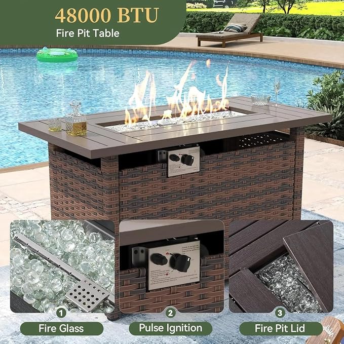 Beige 8 Piece Patio Furniture Set with 44” Fire Pit Table Wicker Rattan Outdoor Sectional Sofa Set with Coffee Table