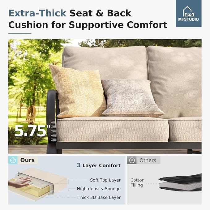 MFSTUDIO Metal Patio Conversation Sets, Outdoor Furniture Sofas Set of 2, 2 Pieces Durable Steel Frame Patio Rocking Chairs with 5.8" Beige Cushions for Patio Garden Backyard Balcony