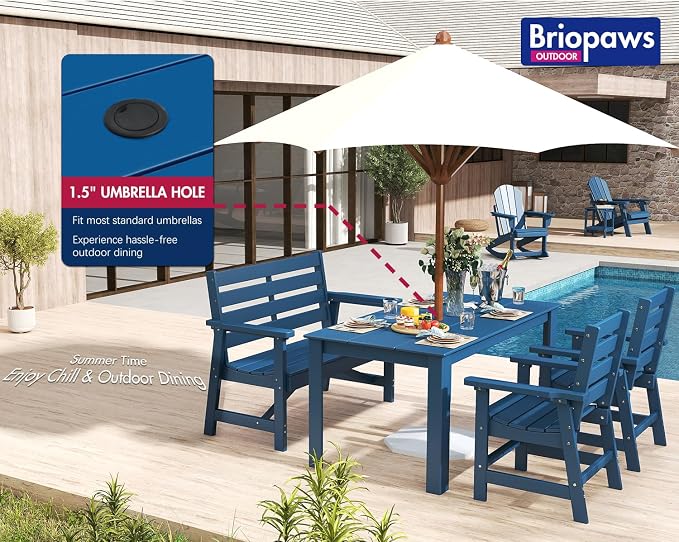 BRIOPAWS Outdoor-Dining-Table-Set | 4 Piece | HDPE | 1 Bench and 2 Chairs Sets for 4 | Patio Dinner Furniture | All Weather | Umbrella Hole | for Poolside Deck Backyard Outdoors | Blue