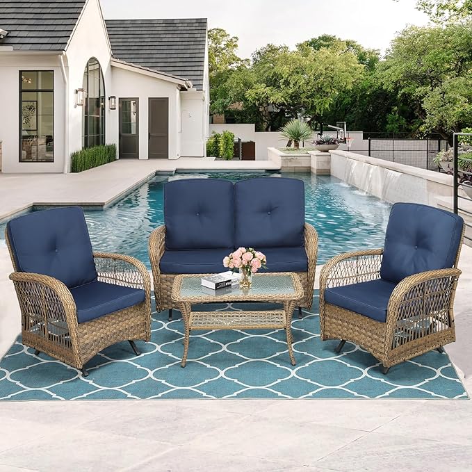 MEETWARM 4-Piece Outdoor Patio Conversation Set with Glider Loveseat, 2 Chairs, Glass-Top Coffee Table, Rocking Glider, Thickened Cushions, Navy Blue