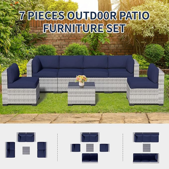 7 Piece Patio Furniture Set, Rattan Outdoor Patio Conversation Sets, Outdoor Sectional Furniture with Thickened Cushion and Coffee Table, for Deck, Backyard, Garden, Off-White & Dark Blue