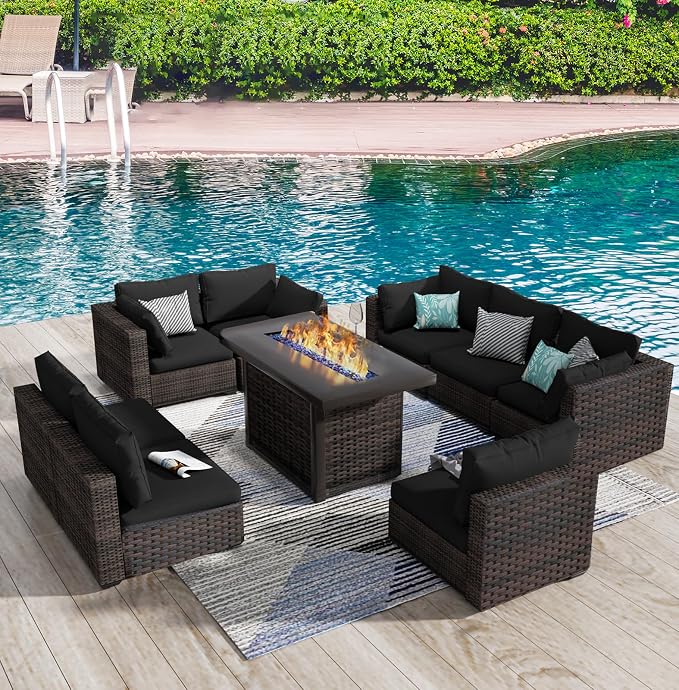 Grezone 9 Piece Patio Furniture Set with 44" Fire Pit Table, Outdoor Sectional Couch, PE Rattan Patio Conversation Sets with 4inch Cushions for Backyard Black