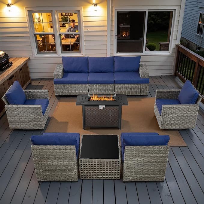9 Piece Patio Furniture Set with 43-Inch Propane Fire Pit Table, Outdoor Sectional Sofa Set, 5 Seater Modular Wicker Seating with 50000 BTU Fire Table for Deck Backyard Casual Gathering