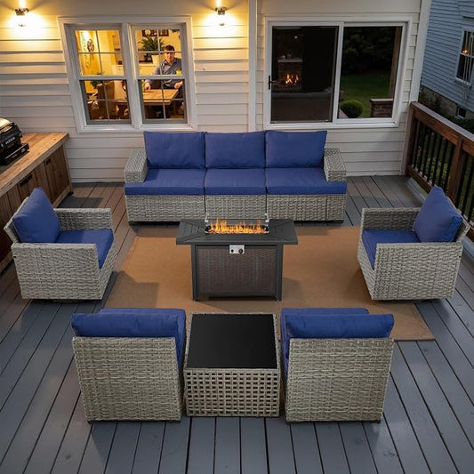 9 Piece Patio Furniture Set with 43-Inch Propane Fire Pit Table, Outdoor Sectional Sofa Set, 5 Seater Modular Wicker Seating with 50000 BTU Fire Table for Deck Backyard Casual Gathering