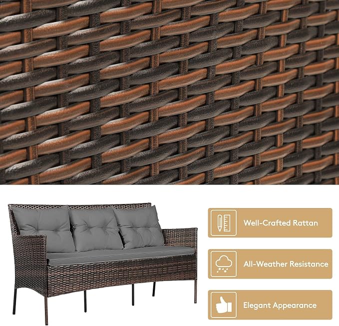 HAPPYGRILL 3 Pieces Patio Furniture Set Outdoor Rattan Conversation Set with Coffee Table, Seat & Back Cushions, Sectional Sofa Set for Poolside Balcony Backyard