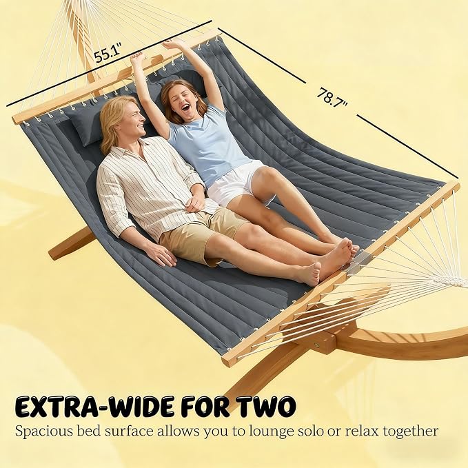 Double Hammock Outdoor Patio Garden Spreader Bars Gray | Quilted Polyester Extra Wide 2 Person Hammock Beechwood Spreader Bars Detachable Pillow Pocket and Hanging Kit Included