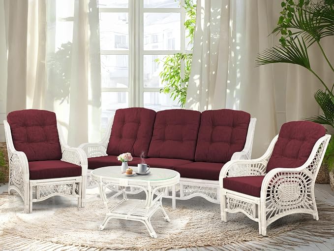 Malibu Lounge Set of 4: 2 Natural Rattan Wicker Chairs, Three-Seater Sofa with Dark Brown Cushions and Coffee Table with Glass Handmade, White Color