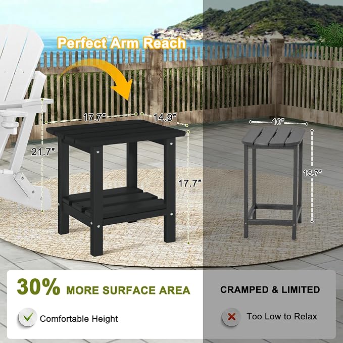 Outdoor Side Table Set of 2 - HDPE Small End Table - Patio Side Tables Square for Backyard Pool Porch Balcony - Indoor Outdoor Double Layer Storage - Black