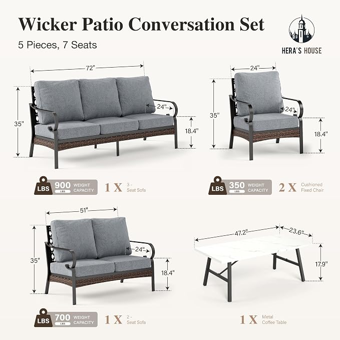HERA'S HOUSE 5 Piece Metal Patio Furniture Set, 7 Seats All Weather Outdoor Conversation Set, 3 Seat Sofa with Loveseat, 2 Fixed Chairs, Coffee Table for Backyard, Garden, Deck, Grey