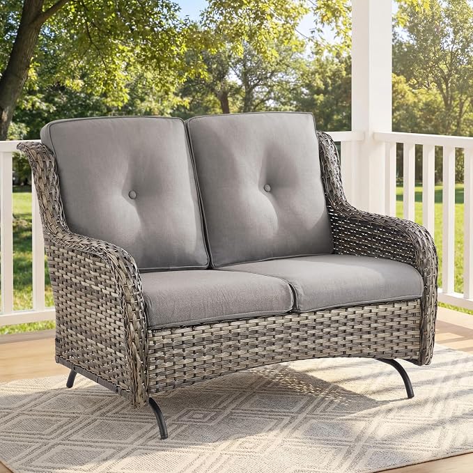 Patio Loveseat Sofa, Outdoor Wicker Loveseat with Luxury Thick Cushion, All-Weather Patio Furniture Set, Outdoor Glider Bench for Garden Balcony Backyard(Grey Wicker/Grey Cushion)