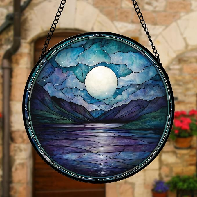 DASTOLL Stained Glass Window Hanging, Blue Night Moon Lake Sun Catchers Colorful Glass Panel Landscape Suncatcher Decor for Birthday for Women, Men, Wife, Aunt, and Mom 6.3 in