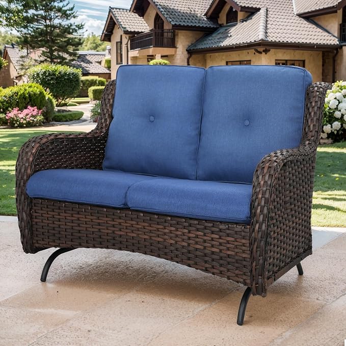 Patio Loveseat Glider Set, Resin Wicker Loveseat Glider with 4 Swivel Patio Chiars Coffee Table, 6 Piece Patio Conversation Set PE Rattan Loveseat Set, Brown Wicker|Blue Cushions