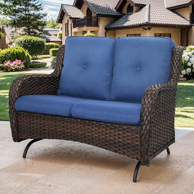 Patio Loveseat Glider Set, Resin Wicker Loveseat Glider with 2 Swivel Patio Chiars and Coffee Table, 4 Piece Patio Bistro Set Furniture Set Loveseat Set, Brown Wicker|Blue Cushions