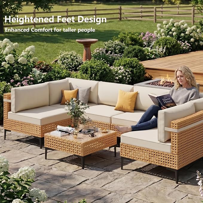 ABCASA Patio Furniture Set, 110" Large 7-Piece Wicker Outdoor Patio Furniture Sets with Non-Slip Cushions & Coffee Table,Boho Patio Conversation Set Sectional Sofa for Backyard,Porch,Beige