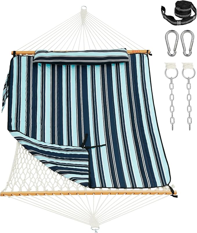 Lazy Daze Hammocks Rope Hammock with Pad, Spreader Bar, Carabiners, Tree Straps, Chains for Outside Patio- Max 450 Lbs, Dark Blue Stripes