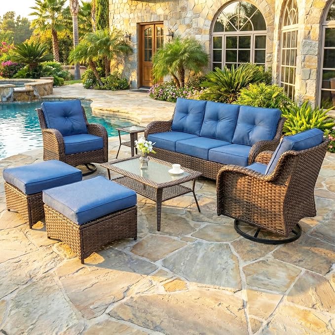 Luxury Patio Conversation Set, 7-Piece Ergonomic High Back Wicker Sofa&Swivel Chair Set with 6-Inch Deep Seating Cushions, Large Patio Furniture Set for Garden, Deck & Balcony, Navy Blue
