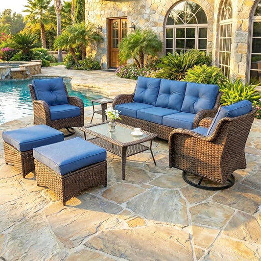 Luxury Patio Conversation Set, 7-Piece Ergonomic High Back Wicker Sofa&Swivel Chair Set with 6-Inch Deep Seating Cushions, Large Patio Furniture Set for Garden, Deck & Balcony, Navy Blue