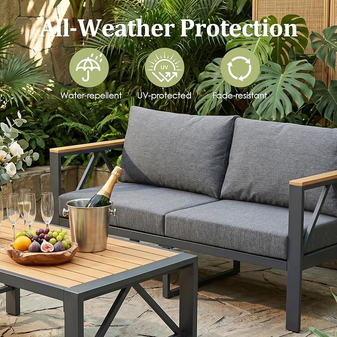 INGEROOM 4 Piece Aluminum Outdoor Patio Furniture Set with Waterproof Cover, 4-Seat Patio Conversation Sets with Coffee Table, Outdoor Sectional Furniture Set for Porch, Balcony, Deck, Dark Gray