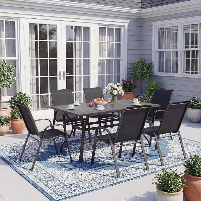 7-Piece Outdoor Dining Set - Rectangular Patio Table with Umbrella Hole and 6 Stackable Dining Chairs All-Weather for Garden, Deck, and Poolside (Black, 63"L x 38"W x 28"H Rectangle Dining Table)