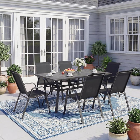 7-Piece Outdoor Dining Set - Rectangular Patio Table with Umbrella Hole and 6 Stackable Dining Chairs All-Weather for Garden, Deck, and Poolside (Black, 63"L x 38"W x 28"H Rectangle Dining Table)