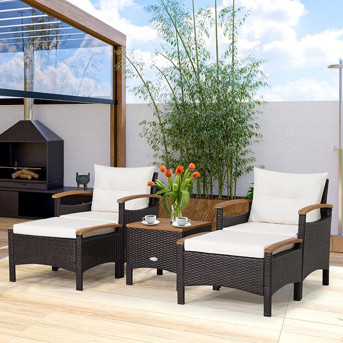 HAPPYGRILL 5 Pieces Patio Furniture Set Outdoor PE Wicker Lounge Chair and Ottoman Set with Cushions and Side Table with Acacia Wood Tabletop, Outdoor Conversation Set for Garden Poolside Backyard