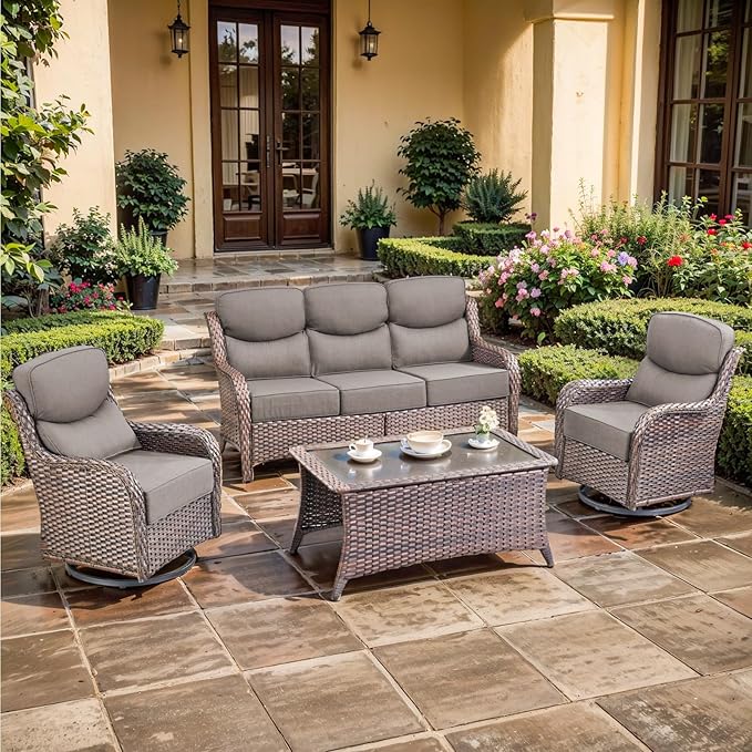 Luxury High Back Outdoor Furniture with 6-inch Extra Thick Cushions, Patio Furniture Set with Swivel Chairs, 4 PCS Wicker Patio Set for Yard, Deck, Poolside, Brown/Grey