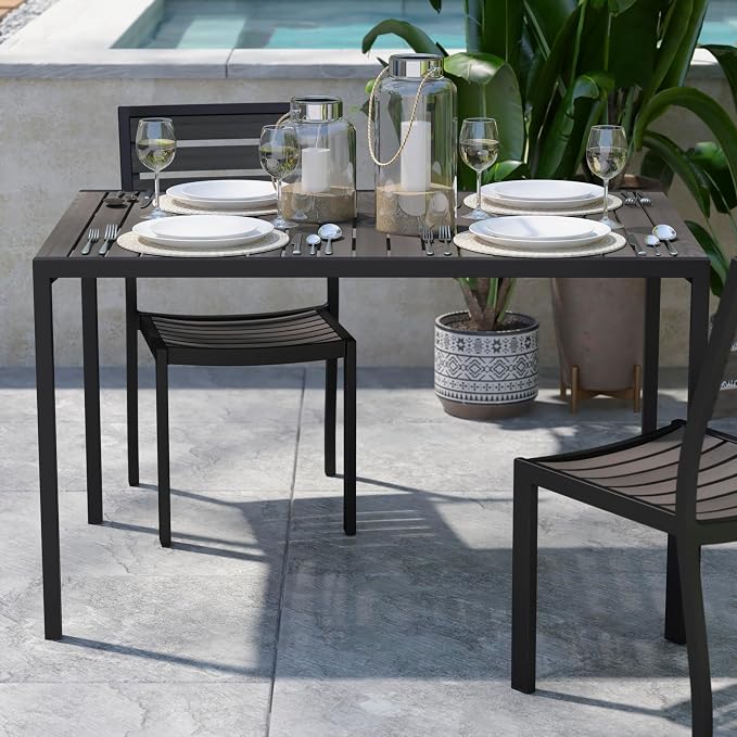Flash Furniture Lark Commercial Outdoor Steel Dining Table with Umbrella Hole - Gray Wash Faux Teak Poly Slatted Top - Black Frame - 30x48 Table Seats up to 4 Adults