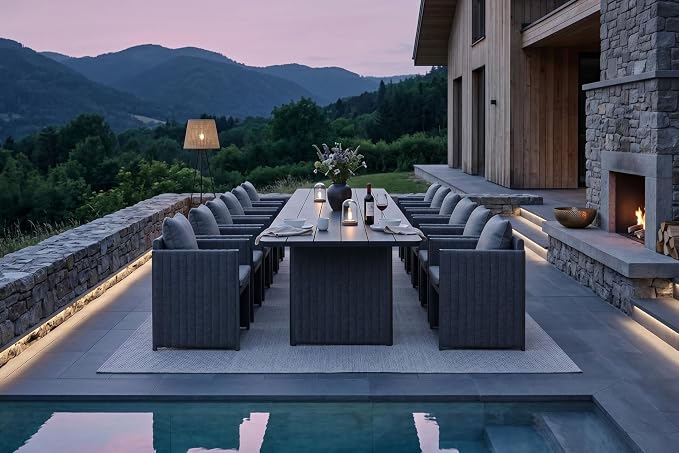 PURPLE LEAF Luxury 12-Person Outdoor Dining Set 189-Inch Aluminum Patio Table with Handwoven Olefin Rope Chairs, Cushioned Seating for Large Gatherings, Estate Patio and Poolside Entertaining Grey