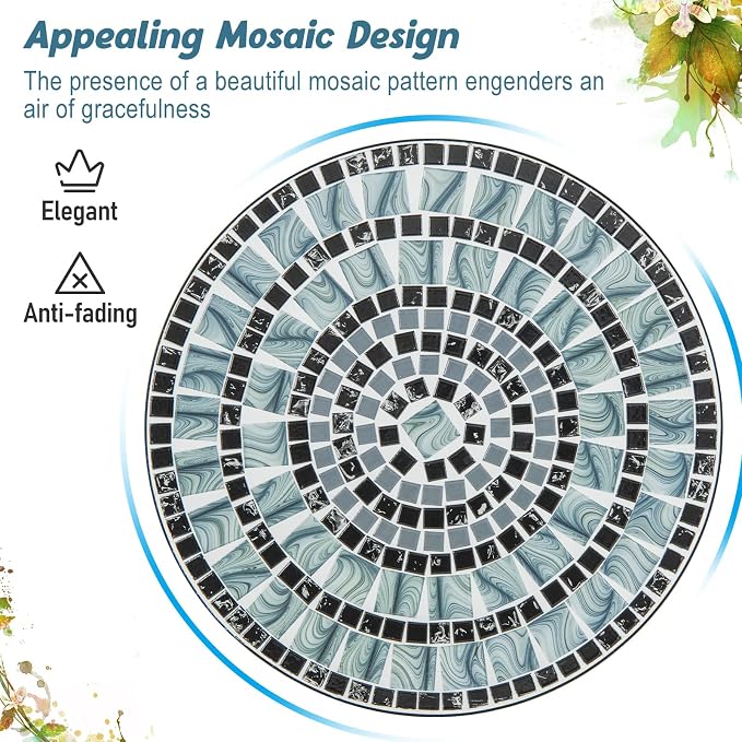 Giantex 24 Inch Patio Bistro Table, Mosaic Round Table w/Ceramic Tile Tabletop, Heavy-Duty Metal Structure, Outdoor Dining Table for Backyard, Garden, Porch (Blue & Black (Sun Pattern))