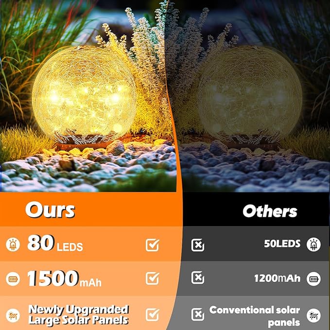 Garden Solar Ball Lights Outdoor Waterproof, 80 LED Cracked Glass Globe Solar Power Ground Lights for Path Yard Patio Lawn, Halloween Christmas Decoration Landscape Warm White(2 Pack 5.9'')